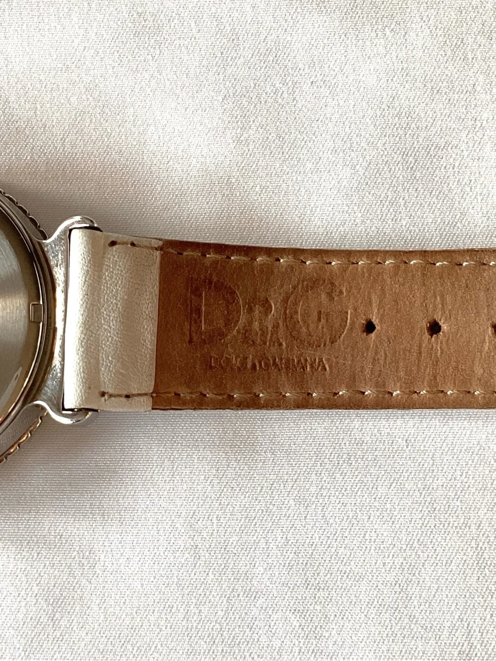 D&G Vintage Chronograph Quartz Watch White Leather Silver Steel New Batteries